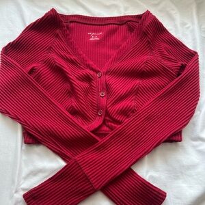 Red Ribbed Button-Up Cardigan